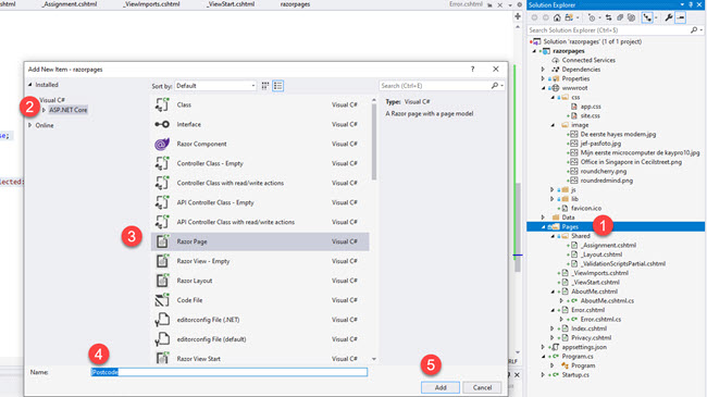 Visual Studio - Add Razor Page Postcode